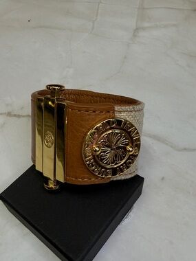 Tory Burch Tan Leather & Beige Canvas Logo Cuff with Gold Hardware